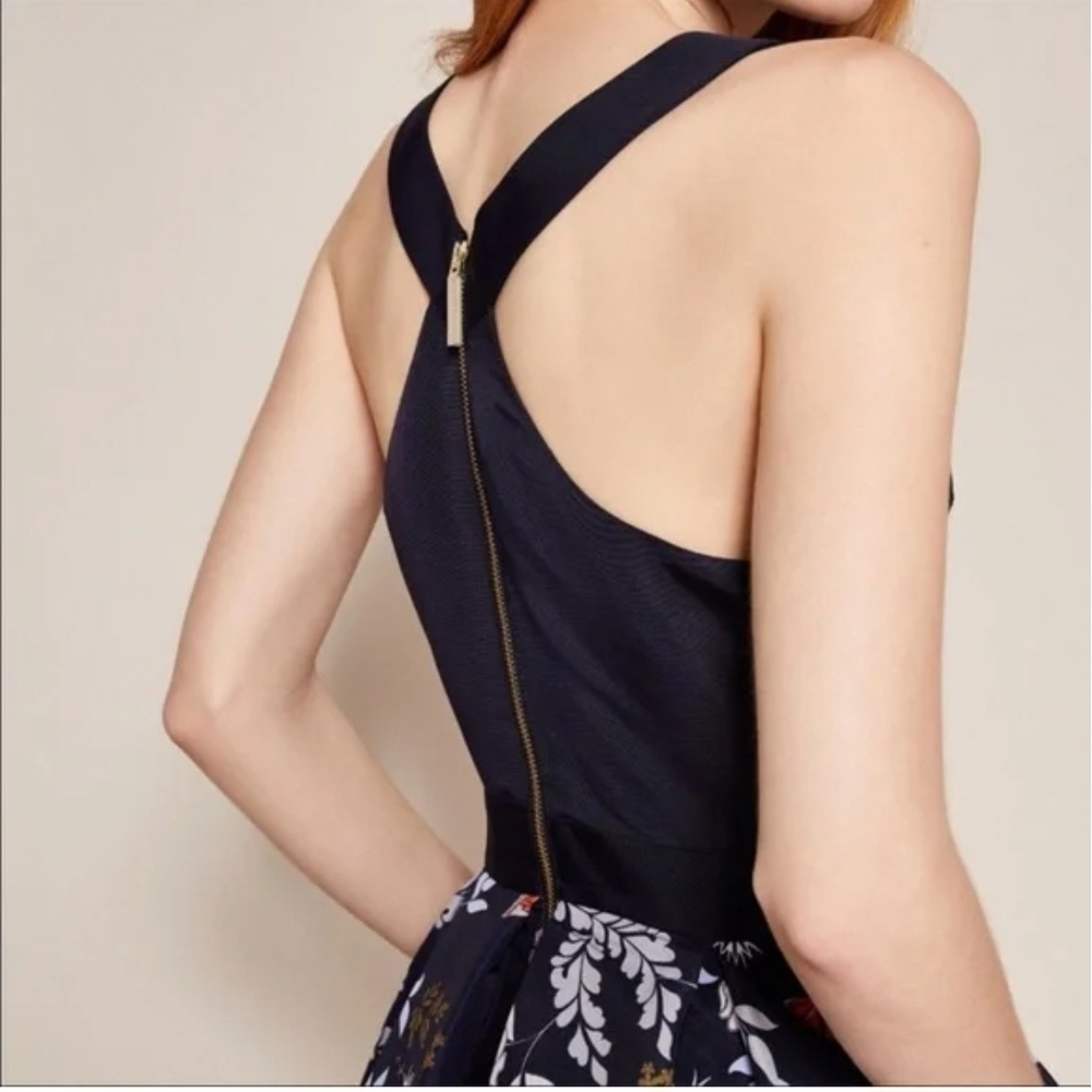 Ted Baker London Navy Cross-Back Floral-Print Dress with Gold Zip